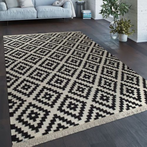 Marokkói mintás kézzel szőtt szőnyeg - fehér és fekete 200x300 cm