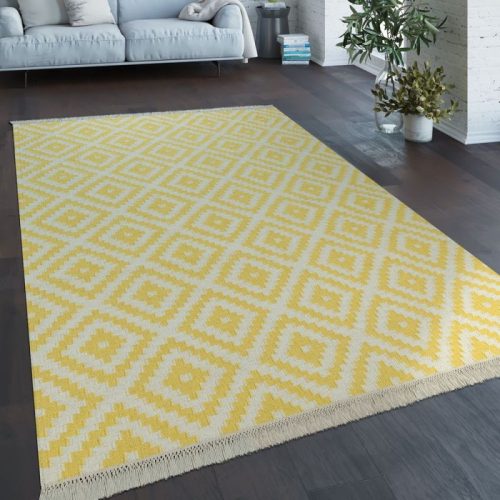 Marokkói mintás kézzel szőtt szőnyeg - fehér és sárga 60x110 cm