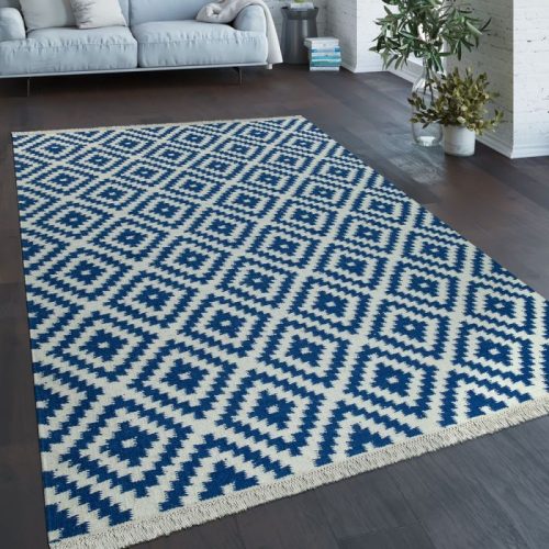 Marokkói mintás kézzel szőtt szőnyeg - fehér és kék 120x170 cm