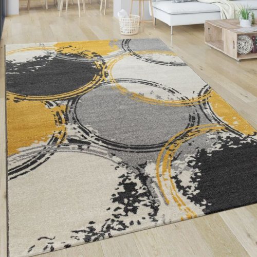 Rövidszálú szőnyeg modern körös mintával  - szürke, sárga 60x100 cm
