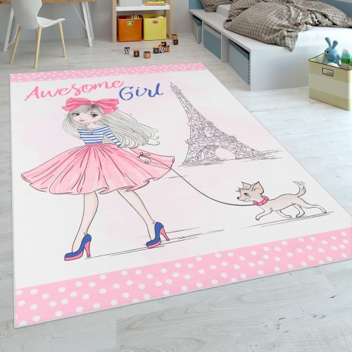 Gyerekszoba szőnyeg kislányos mintával - rózsaszín 140x200 cm