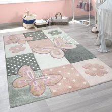   Kockás pillangó mintás gyerekszoba szőnyeg - rózsaszín 120x170 cm