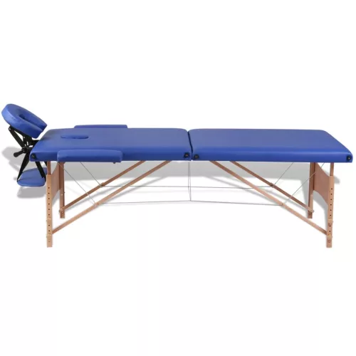  kétzónás kék összecsukható masszázsasztal fa vázzal