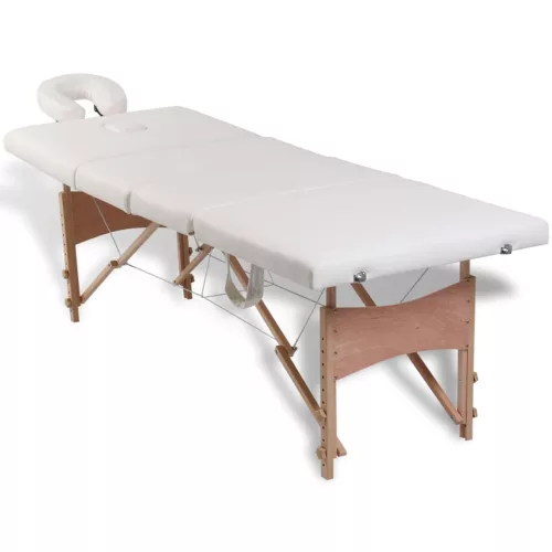  négyzónás krémfehér összecsukható masszázsasztal fa vázzal