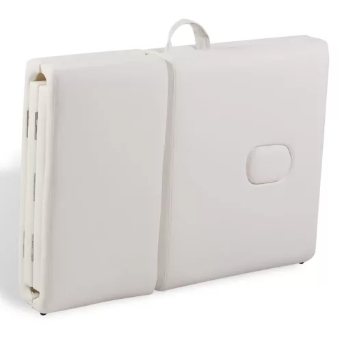  négyzónás krémfehér összecsukható masszázsasztal fa vázzal