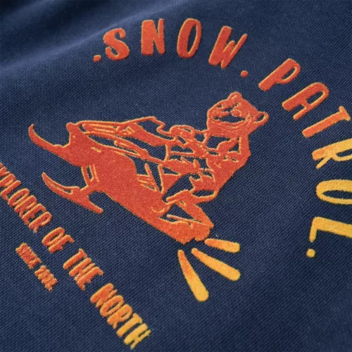 Sötétkék melange és narancs kapucnis gyerekpulóver 128