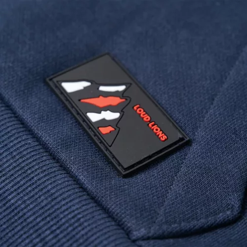 Sötétkék melange és narancs kapucnis gyerekpulóver 128