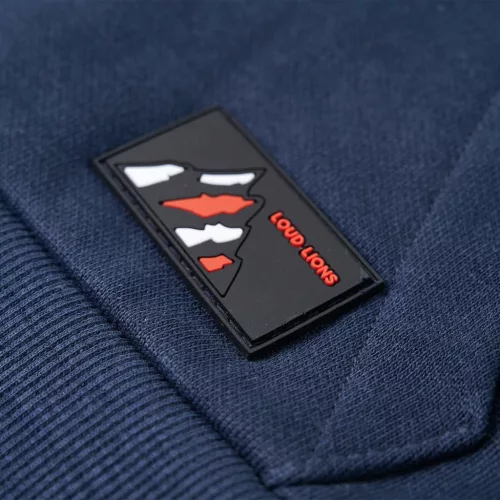 Sötétkék melange és narancs kapucnis gyerekpulóver 140