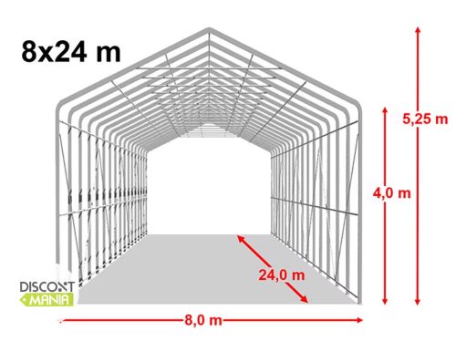 TP WIKINGER 8x24m 4m oldalmagas ponyvagarázs / sátorgarázs, nehezen éghető PRIMEtex 2300 ponyva - szürke