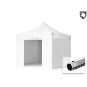   TP 3x3m összecsukható 850N alumínium pavilon, 4 db oldalfallal, ablak nélkül, tűzálló - fehér