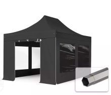   Professional összecsukható sátrak PREMIUM 350g/m2 ponyvával, acélszerkezettel, 4 oldalfallal, panoráma ablakkal - 3x4,5m fekete