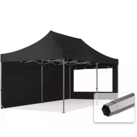   TP 3x6m összecsukható 750N acél vázas pavilon, 2 db oldalfallal - fekete