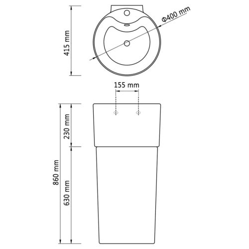 Kerek álló kerámia fürdőszoba mosdókagyló csaptelep/túlfolyó lyukkal fekete