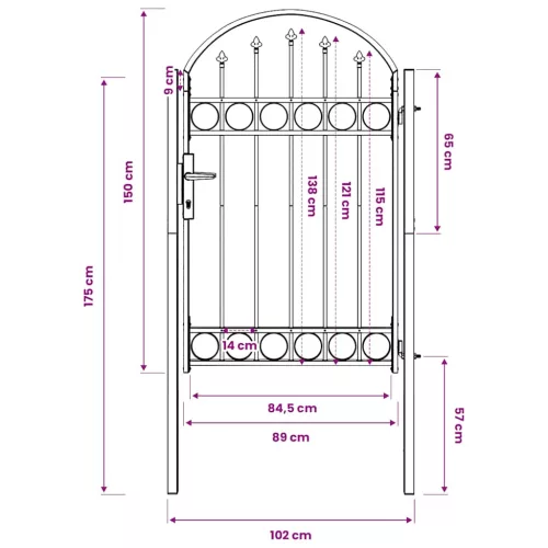  fekete acél kerítéskapu ASSEN íves tetejű 102 x 150 cm
