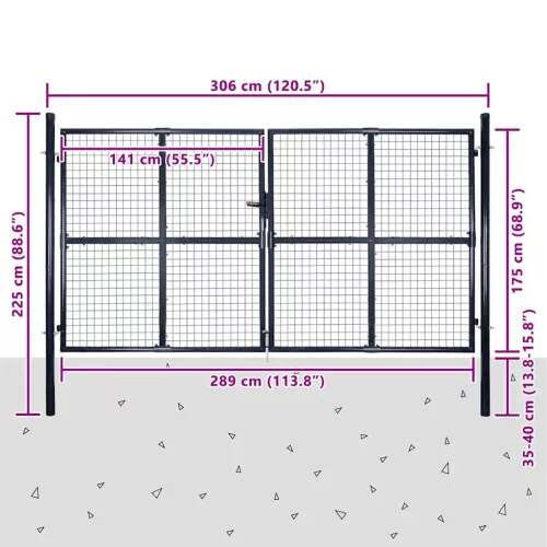  szürke horganyzott acél hálós kerti kapu 300 x 175 cm