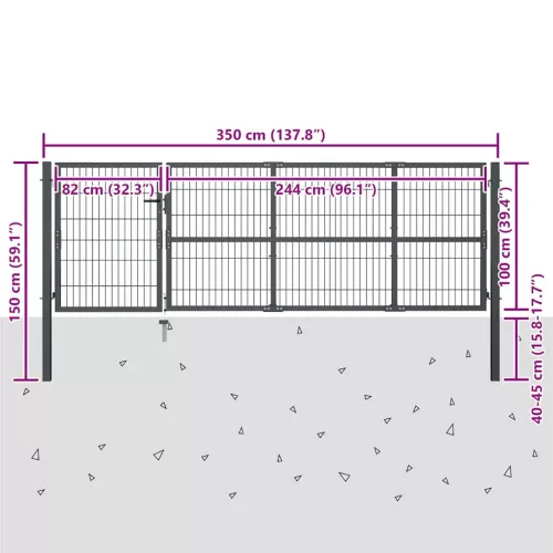  antracit színű acél kerti kapu oszlopokkal 350 x 100 cm