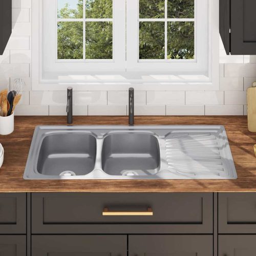  kétmedencés rozsdamentes acél mosogató szűrővel és szifonnal