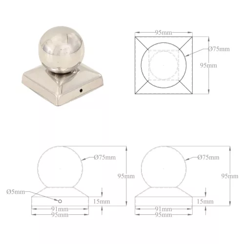  6 db gömb alakú rozsdamentes acél kerítésoszlop-sapka 91x91 mm
