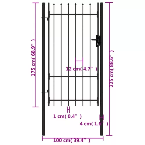  fekete acél lándzsahegy tetejű kerítéskapu 1 x 1,75 m