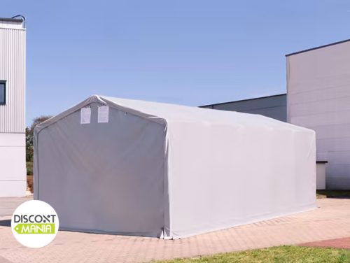 TP Outlander 5x8m 3m oldalmagas raktársátor tűzálló ponyvával, szürke, bejárat típusa: standard