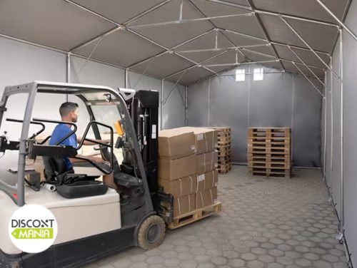 TP Outlander 5x8m 3m oldalmagas raktársátor tűzálló ponyvával, szürke, bejárat típusa: standard