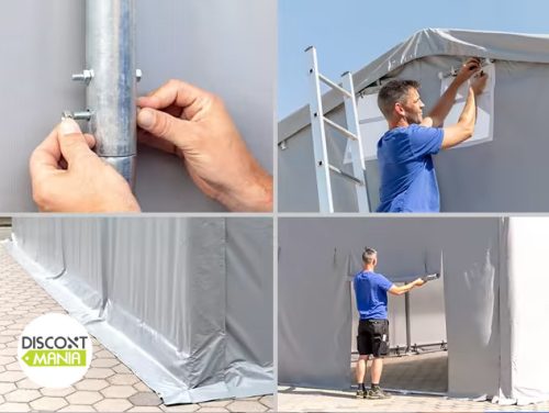 TP Outlander 5x8m 3m oldalmagas raktársátor tűzálló ponyvával, szürke, bejárat típusa: standard