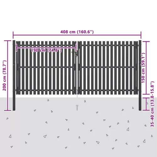  antracit színű acél kerítéskapu 400 x 150 cm