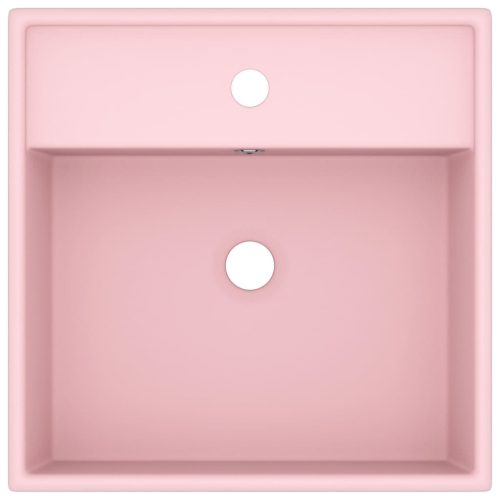  négyszög alakú matt rózsaszín kerámia mosdókagyló túlfolyóval 41 x 41 cm