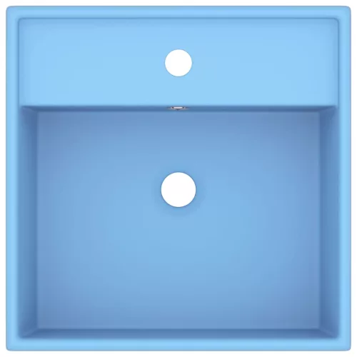  négyszög alakú matt világoskék kerámia mosdókagyló túlfolyóval 41 x 41 cm