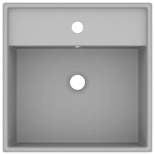  négyszög alakú matt világosszürke kerámia mosdókagyló túlfolyóval 41 x 41 cm