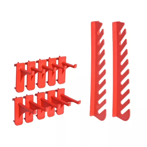  39 darabos piros és fekete tárolódoboz-készlet fali panelekkel