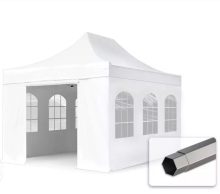   Professional összecsukható sátrak PREMIUM 350g/m2 ponyvával, acélszerkezettel, 4 oldalfallal, hagyományos ablakkal - 3x4,5m fehér