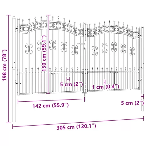  fekete porszórt acél kerítéskapu lándzsás tetejjel 305 x 150 cm