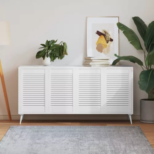  4 db fehér tömör fenyőfa lamellás szekrényajtó 61,5 x 39,4 cm