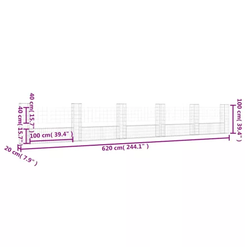   U-alakú vas gabionkosár 6 oszloppal 620 x 20 x 100 cm