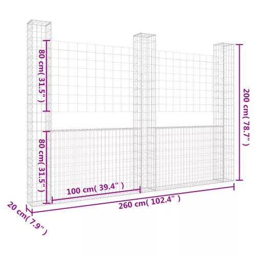   U-alakú vas gabionkosár 3 oszloppal 260 x 20 x 200 cm