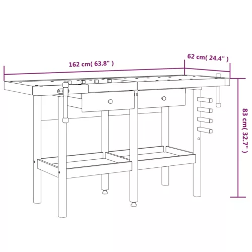  tömör akácfa munkaasztal fiókokkal és satukkal 162 x 62 x 83 cm