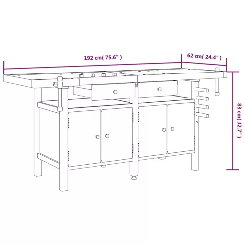  tömör akácfa munkaasztal fiókokkal és satukkal 192 x 62 x 83 cm