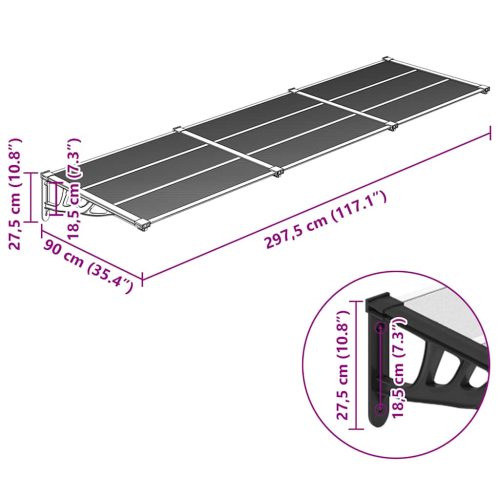  fekete és átlátszó polikarbonát ajtóelőtető 297,5 x 90 cm