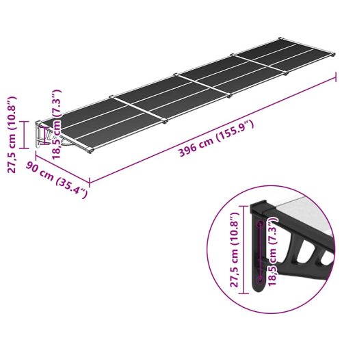  fekete és átlátszó polikarbonát ajtóelőtető 396 x 90 cm