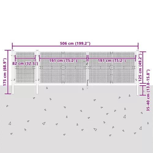  antracit színű horganyzott acél hálós kerti kapu 500 x 125 cm