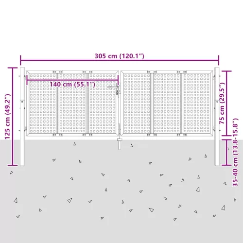  antracit színű acél kerti kapu 300 x 75 cm