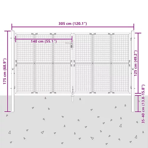  antracit színű acél kerti kapu 300 x 125 cm