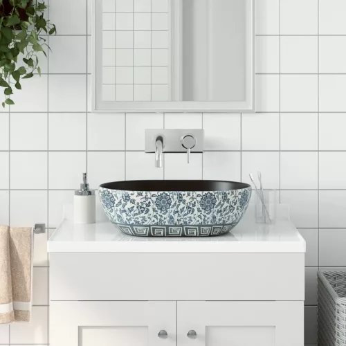  fekete és kék kerámia ovális asztali mosdó 47 x 33 x 13 cm