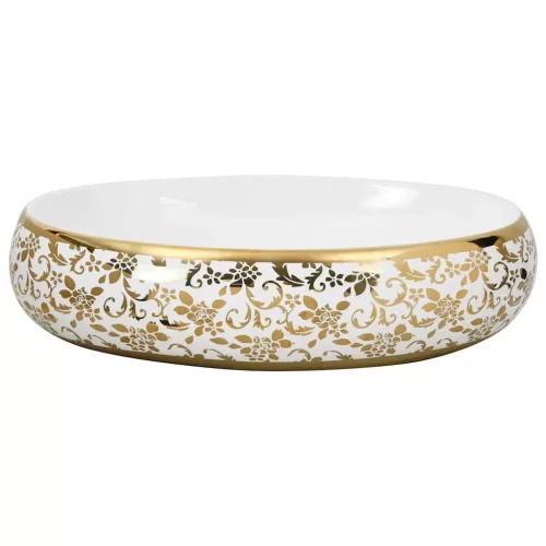  fehér-arany és kerámia ovális asztali mosdó 59 x 40 x 15 cm