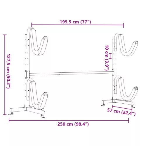  acél kajaktároló állvány 2 kajakhoz 250 x 57 x 127,5 cm