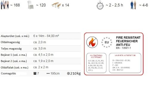 TP 6x14m standard rendezvénysátor, PVC 700 - fehér - tűzálló