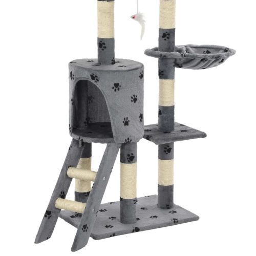  szürke, mancsmintás macskabútor szizál kaparófákkal 138 cm