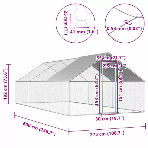  kültéri horganyzott acél tyúkól 2,75 x 6 x 1,92 m  