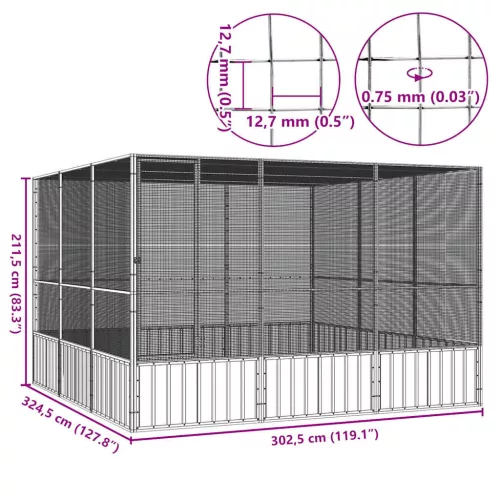  szürke horganyzott acél madárketrec 302,5x324,5x211,5 cm